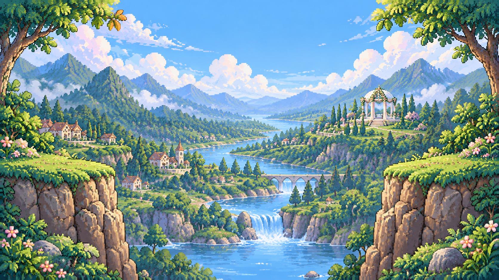 Lembah taman pernikahan bergaya pixel dengan sungai dan paviliun